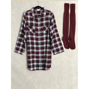 Simply Noelle Women's Size Large/X Large Plaid Night Shirt with Socks Burgundy